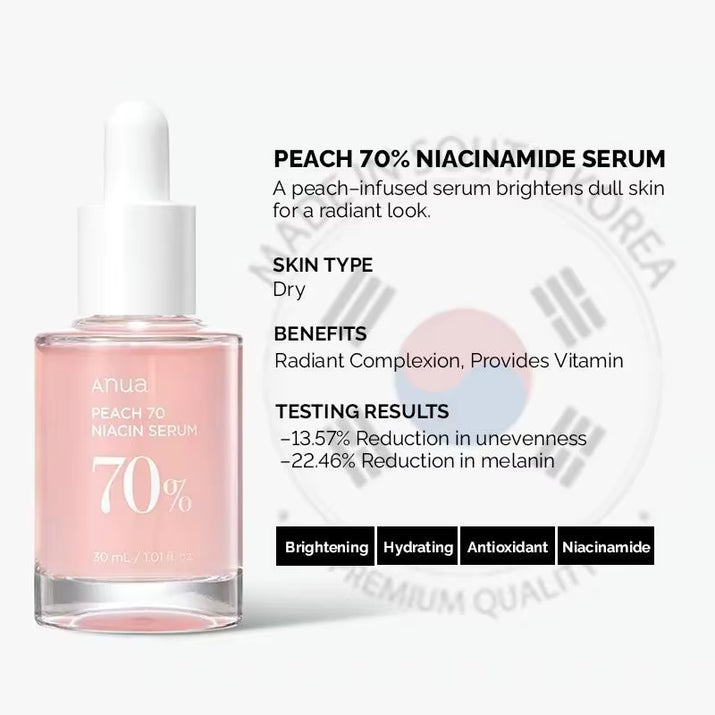 Anua Peach 70 Niacinamide Serum 30Ml, Moisturizing Facial Serum, Daily Cleansing Beauty, Korean Skincare