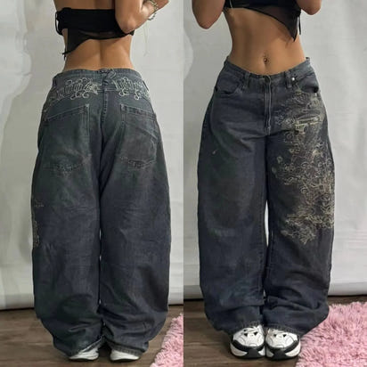 American Retro High Street Wide Leg Jeans for Women - Spring Autumn Cotton High Waist Loose Fit, S-XXL