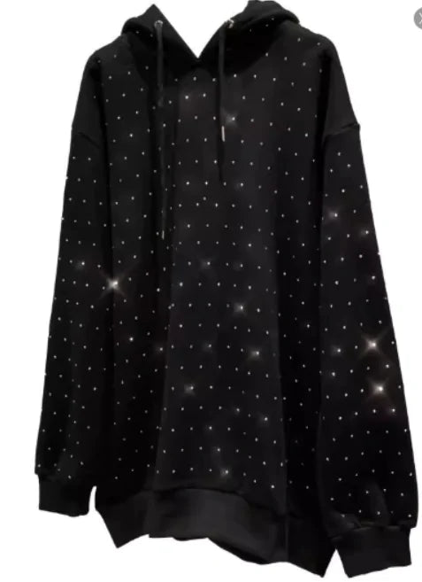Rhinestone Shiny Loose Pullover Hoodie
